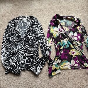 2 Large Cache Womens Black & White Animal Print Twist Front Top